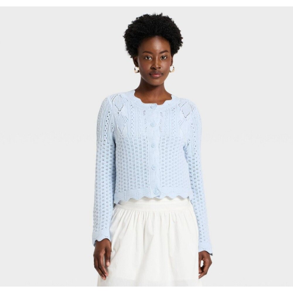 Women's Universal Thread Western Crafted Open Knit Cardigan Light Blue Medium
